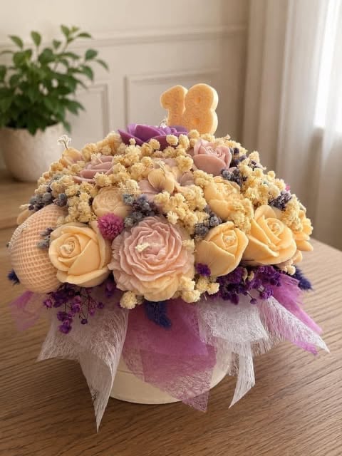 Floral arrangement with peach roses, yellow babys breath, purple statice, and dried oranges in a cream vase with pink and white tulle bow