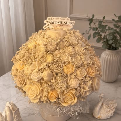 Large sphere of cream and gold roses with decorative sign on top, displayed on marble table