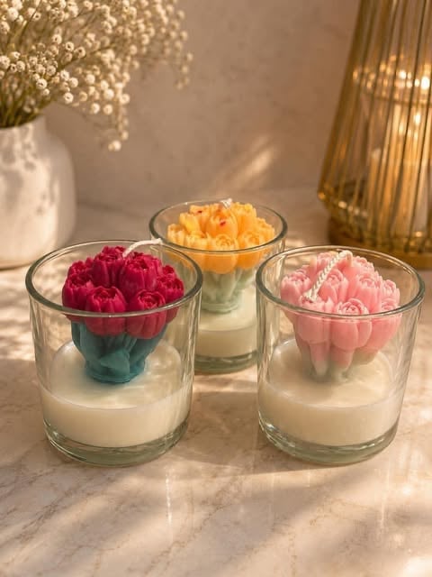 Three decorative candles with red, yellow, and pink flowers in clear glass containers filled with white wax on a marble surface