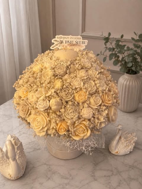 Large spherical arrangement of cream and pale yellow preserved roses in a white ceramic pot on a marble table with decorative elements