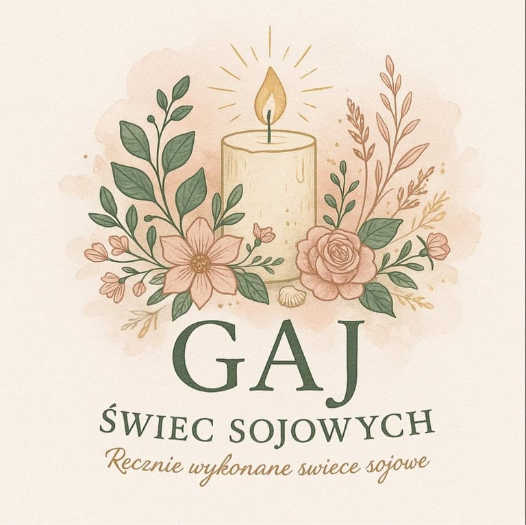 GAJ Świec Sojowych - logo z zapaloną świecą i elementami botanicznymi
