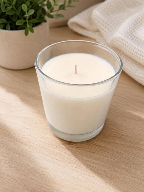 White scented candle in glass jar on wooden surface with potted plant and cream-colored textile in background