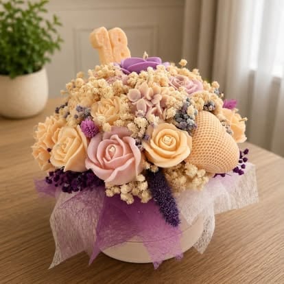 Elegant floral arrangement with peach and pink roses, babys breath, purple accents, and textured elements in a white ceramic vase with purple tulle bow