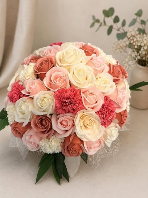 Lush bridal bouquet with roses, carnations, and babys breath in shades of pink, cream, and coral with green leaf accents