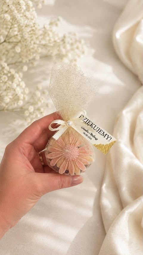 Hand holding a decorative perfume bottle with a shimmery champagne-colored fabric topper and a delicate pink daisy design, displayed against a cream-colored background