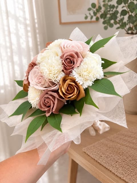Hand holding a bouquet with cream dahlias, mauve and gold roses, green leaves, wrapped in white sheer ribbon