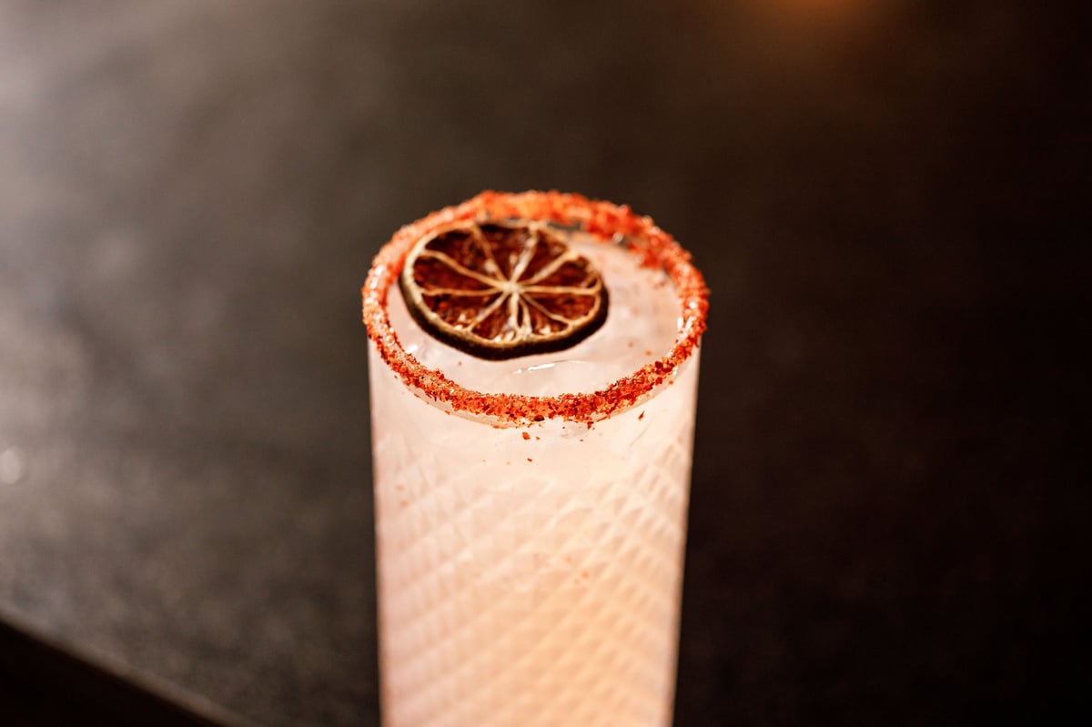 Tall cocktail with creamy white base, cinnamon-sugar rim, topped with a thin dried grapefruit slice on dark background