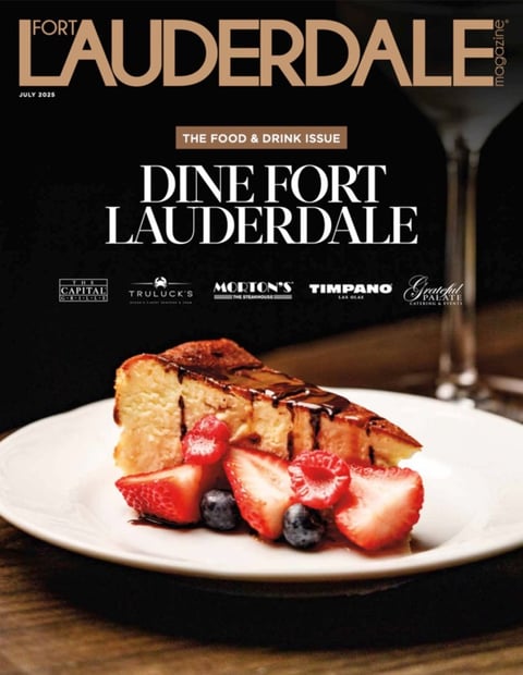 Fort Lauderdale magazine cover featuring plated dessert with grilled cake, berries, and wine glasses