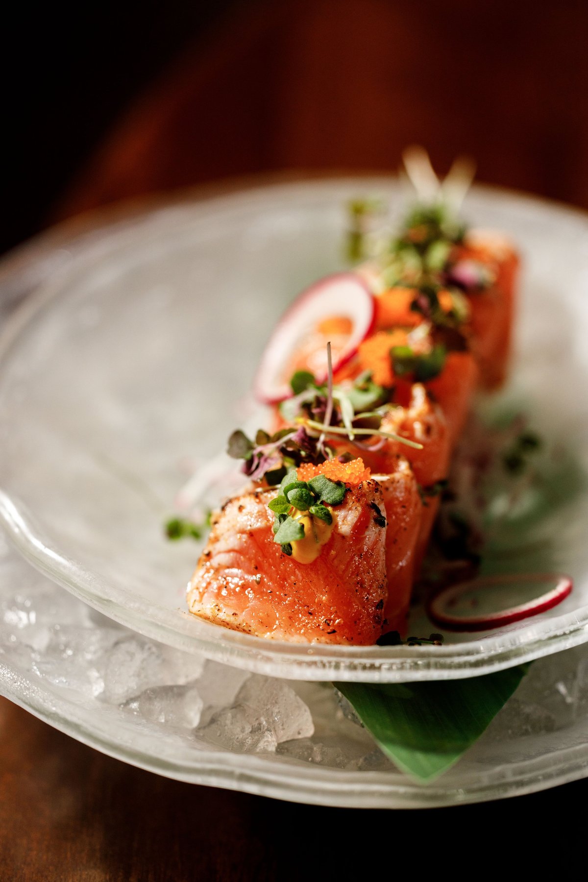 Elegant plated salmon dish with microgreens and radish garnish on white ceramic plate
