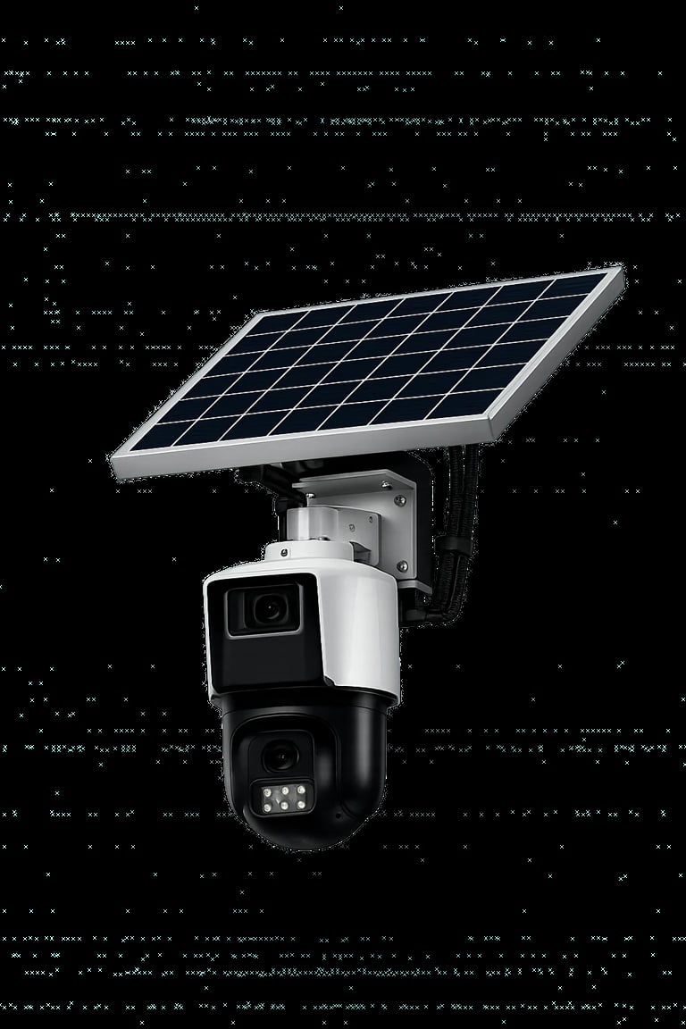 Solar-powered security camera with dual-lens design and white and black finish mounted on a stand