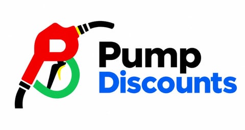 Pump Discounts logo featuring a red and green gas pump icon with black text