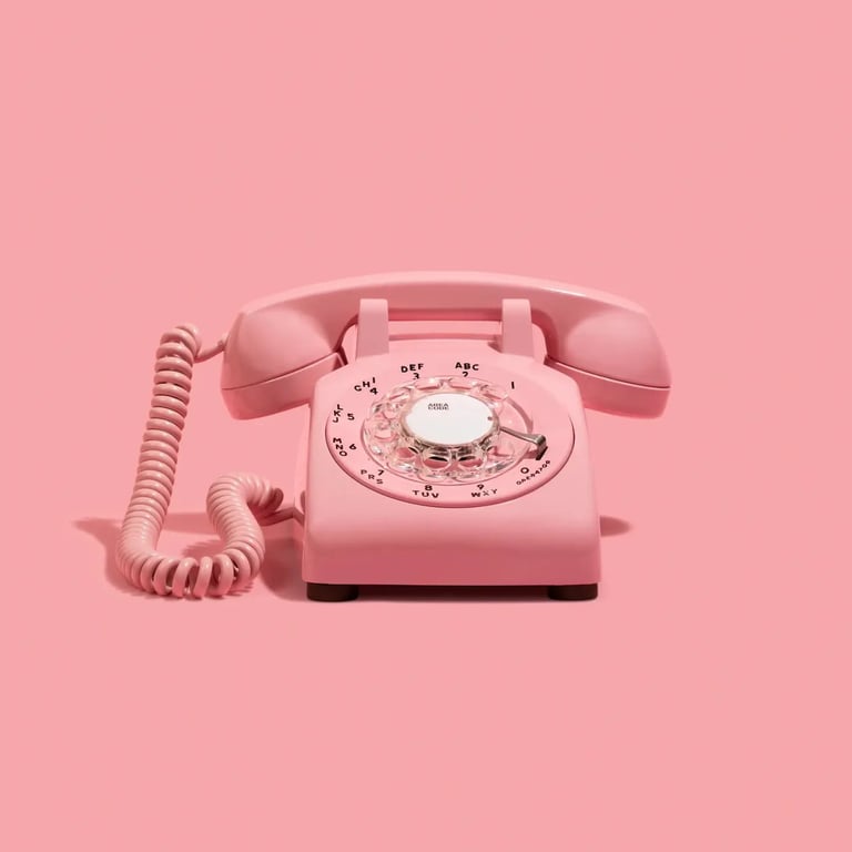 Vintage pink rotary telephone with handset and curled cord on pink background