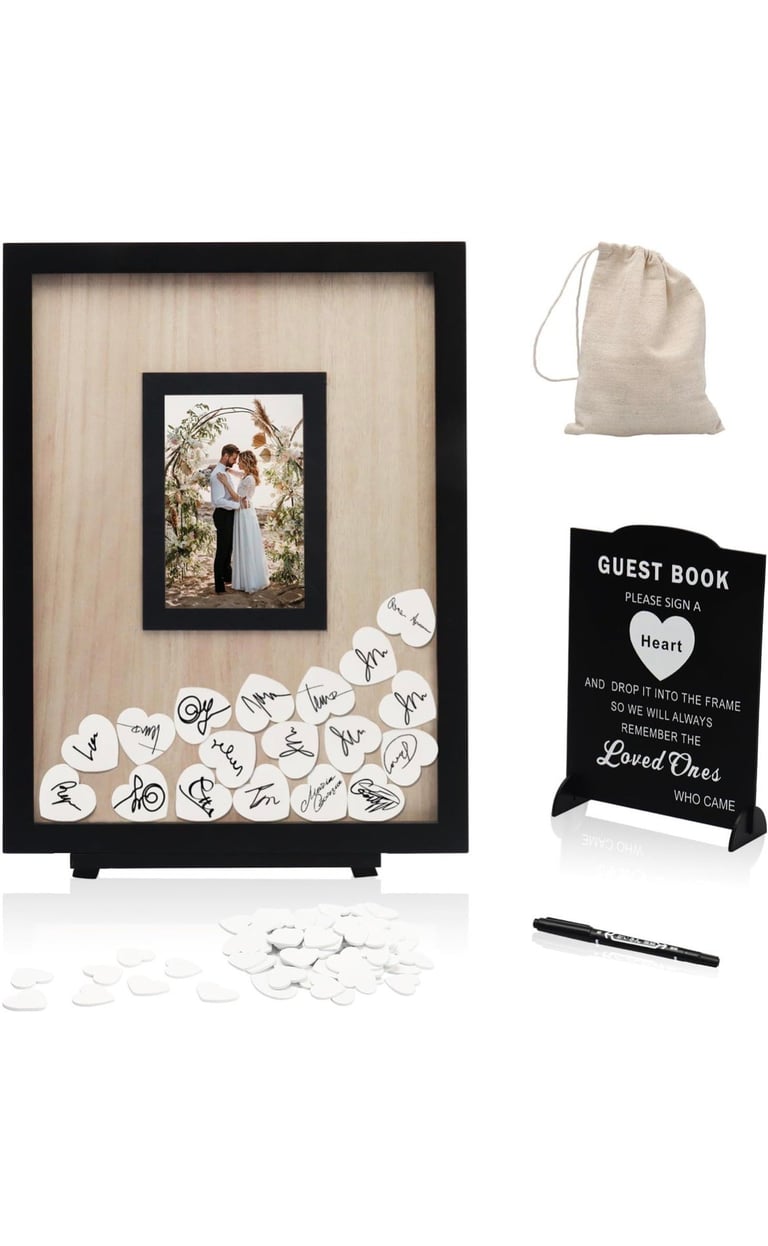 Wedding guest book frame set with wooden frame, guest signature hearts, canvas bag, black sign, and pen