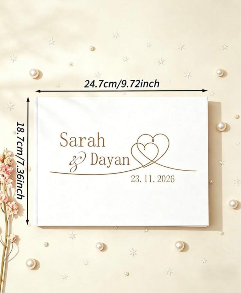 Wedding invitation card with Sarah and Dayan names, intertwined hearts, and date 23.11.2026, dimensions 24.7cm x 18.7cm