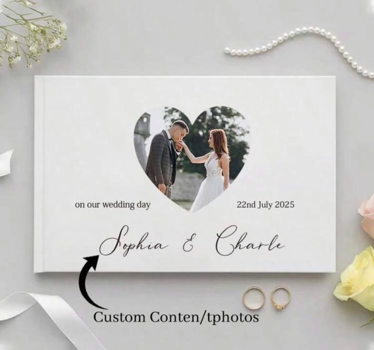 Wedding announcement card with bride and groom photo in heart shape, names Sophia and Charles, dated 22nd July 2025