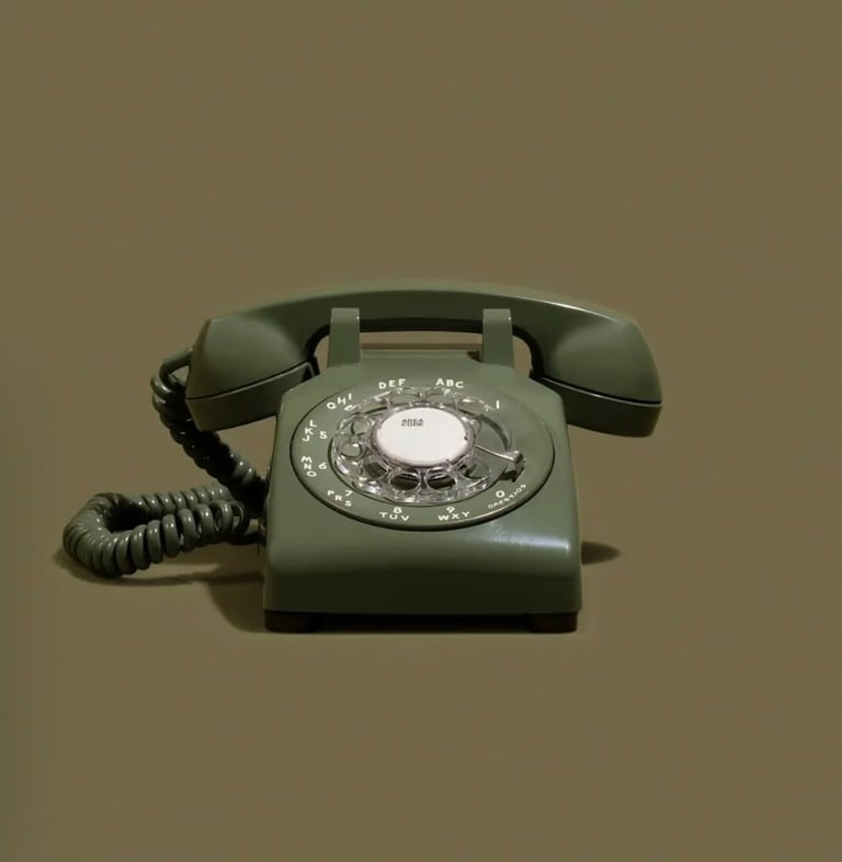 Vintage rotary telephone in sage green color with handset and coiled cord on neutral background