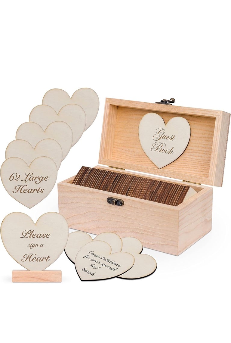 Wooden wedding guest book set with heart-shaped cards in a pine box, including instruction plaques and blank hearts for signatures