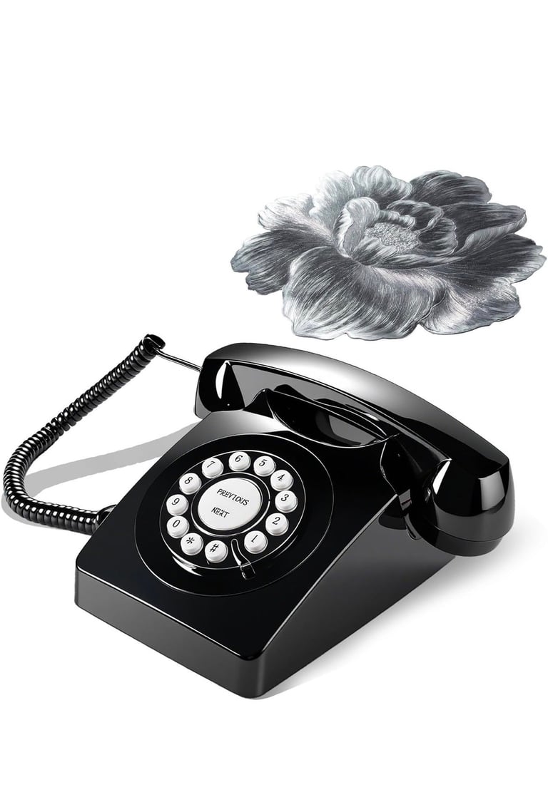 Black rotary telephone with coiled cord and decorative sketch of a peony flower above it