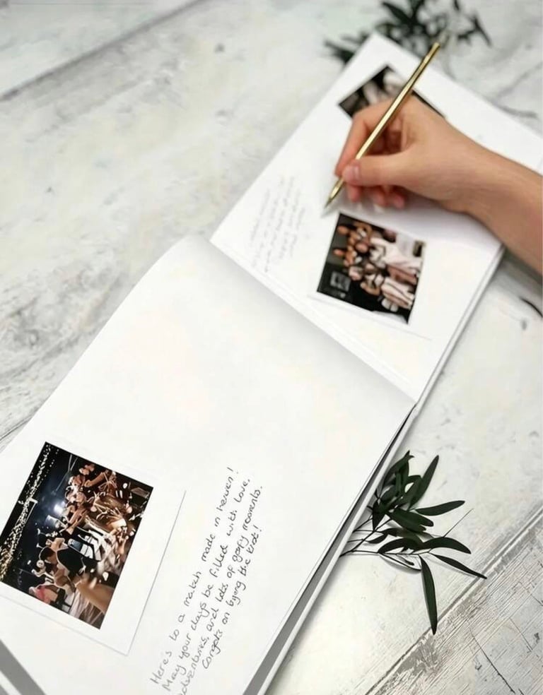 Person writing in an open scrapbook with photos and handwritten text on white pages