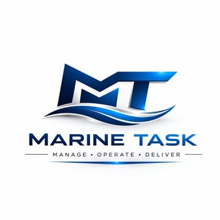 Marine Task logo featuring blue MT initials with wave design and tagline Manage Operate Deliver