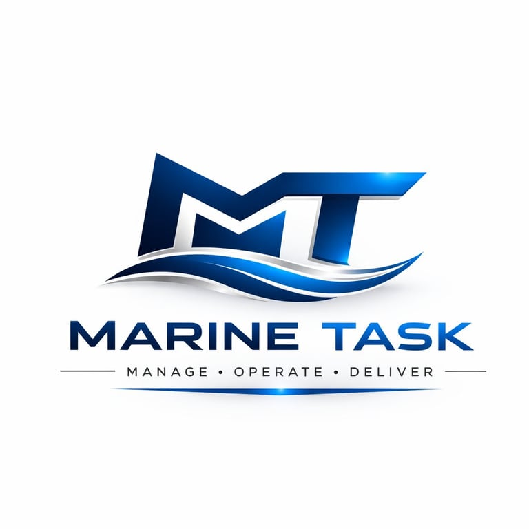 Marine Task logo featuring blue MT initials with wave design and tagline Manage Operate Deliver