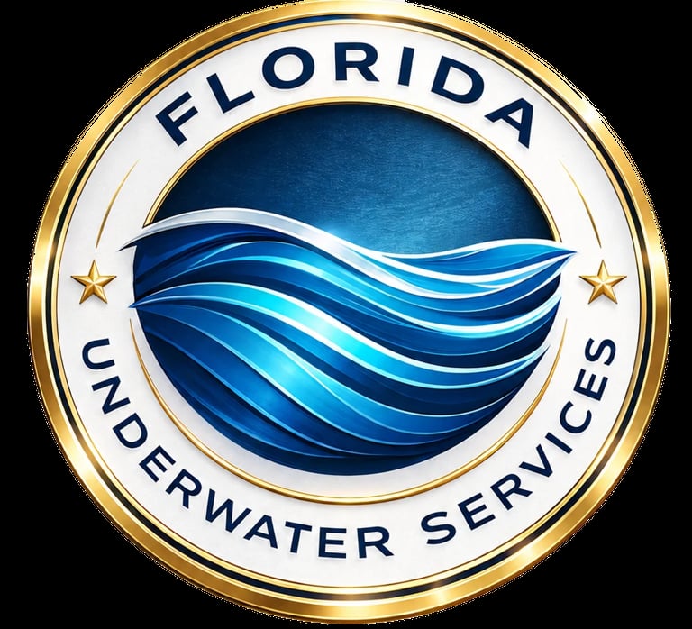 Official seal for Florida Underwater Services featuring a stylized blue water wave design with gold border and two gold stars