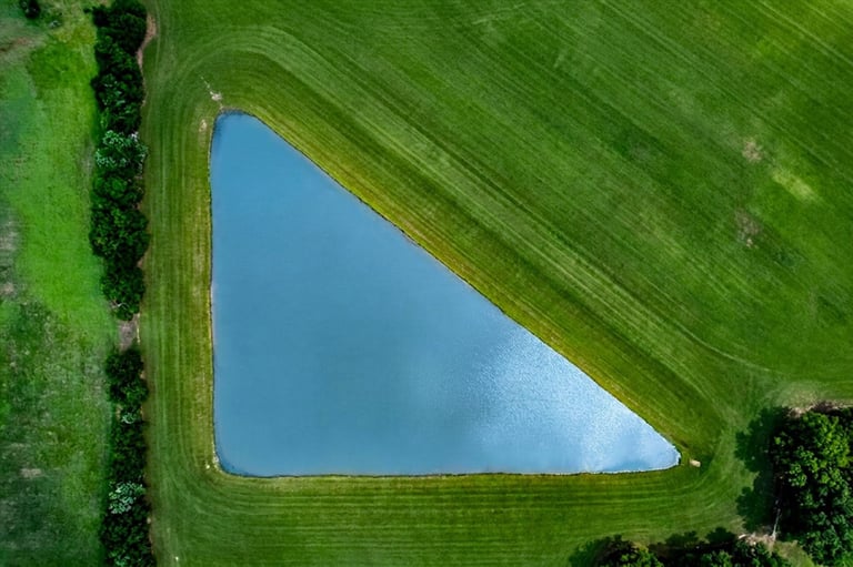 Aerial view of a triangular blue pond surrounded by green agricultural fields and dark tree clusters