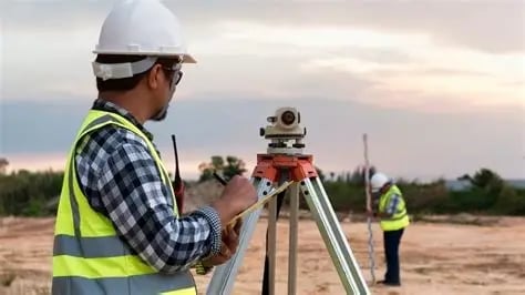 Construction worker in safety gear using surveying equipment on a job site at dusk