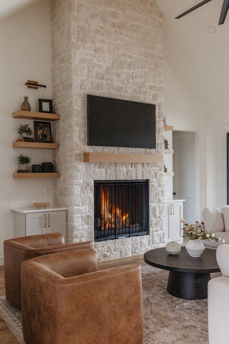 Living room in the completed Whitesboro custom home — floor-to-ceiling stone fireplace, mounted television, leather chairs and wooden shelves