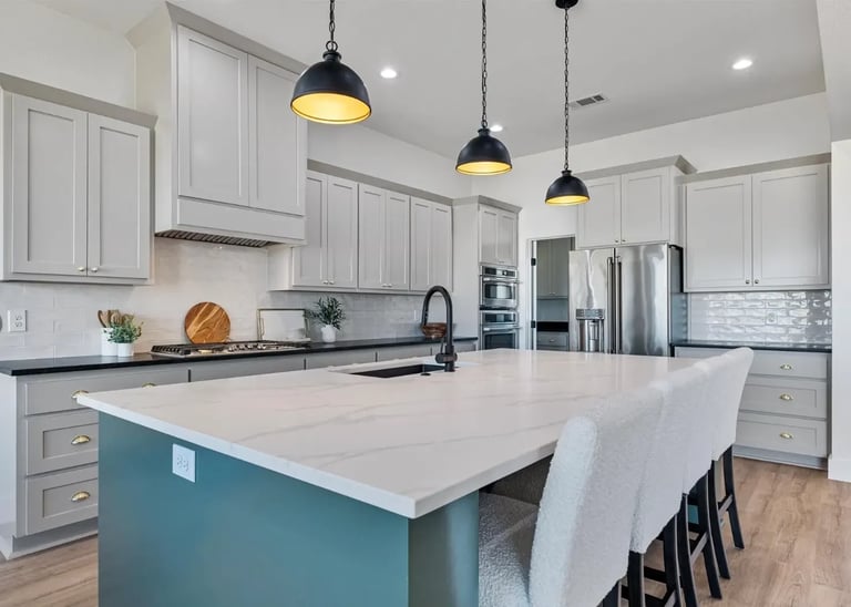 Kitchen with teal island