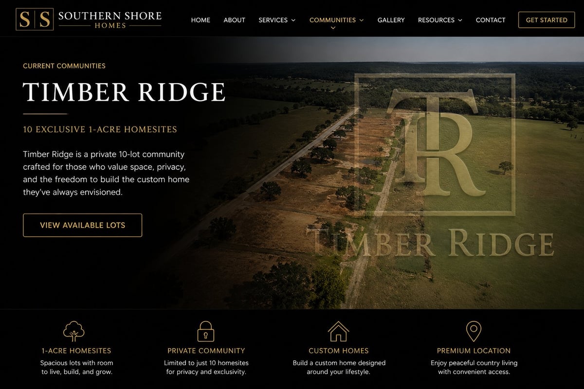Timber Ridge residential community website showcasing aerial view of private 10-lot neighborhood development with logo overlay