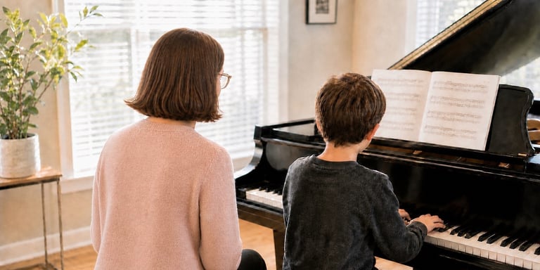 Adult and child sitting at a grand piano with sheet music, viewed from behind in a bright room with windows
