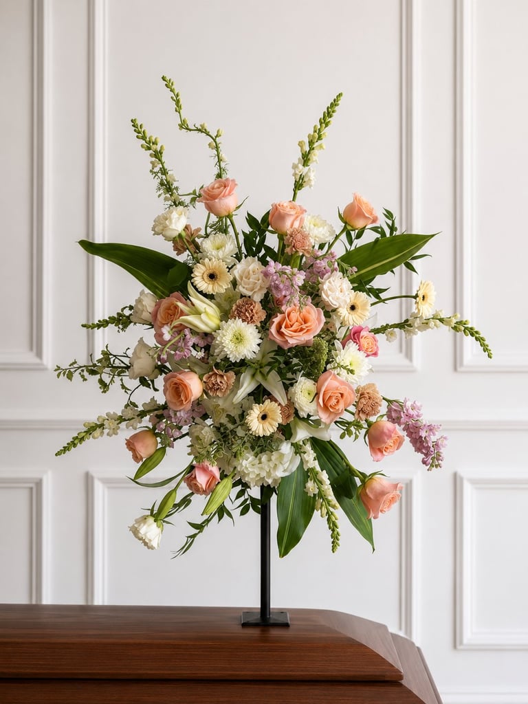 Lush floral arrangement with coral roses, white daisies, and greenery in a pedestal vase on a wooden surface