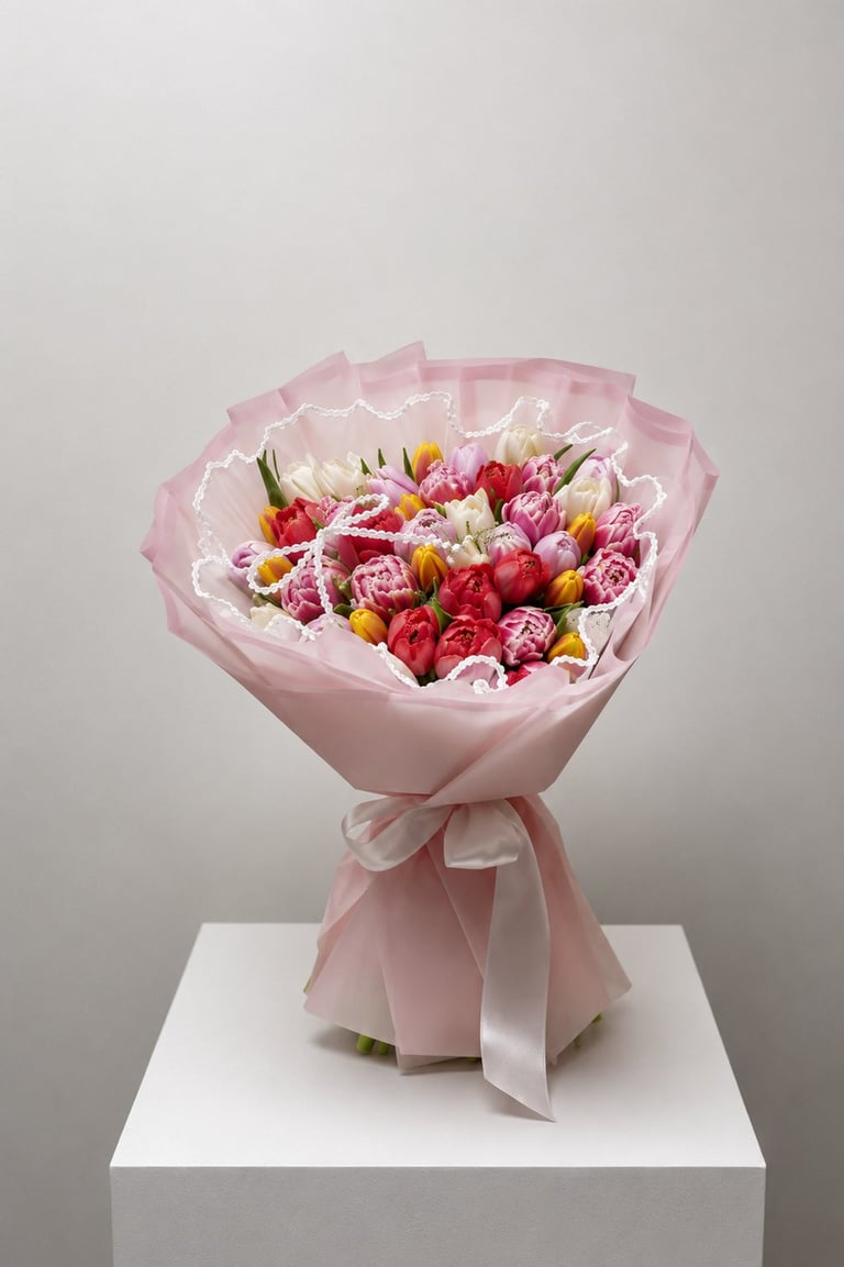 Colorful mixed tulips wrapped in pink tissue paper with ribbon bow