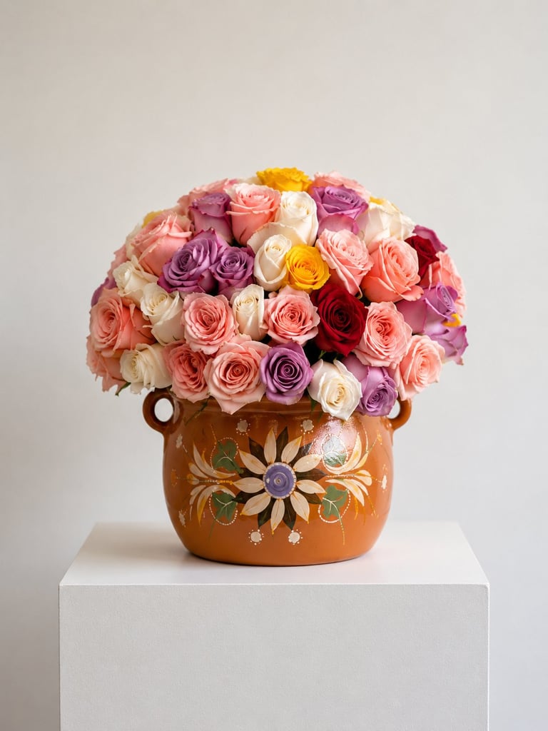 Colorful rose bouquet in a painted terracotta pot on a white pedestal against a neutral background