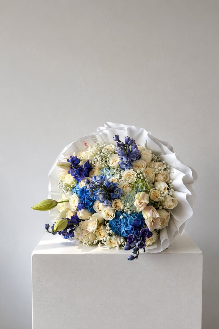Elegant bridal bouquet with blue and white flowers wrapped in white paper