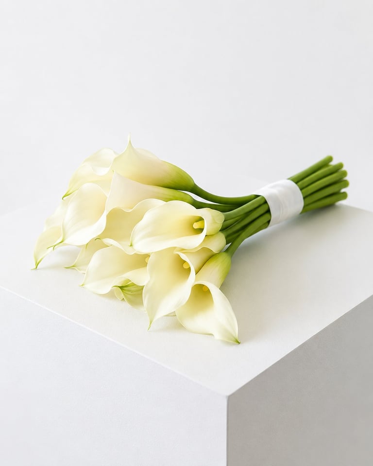 Bouquet of white calla lilies with green stems tied with white ribbon on a white surface