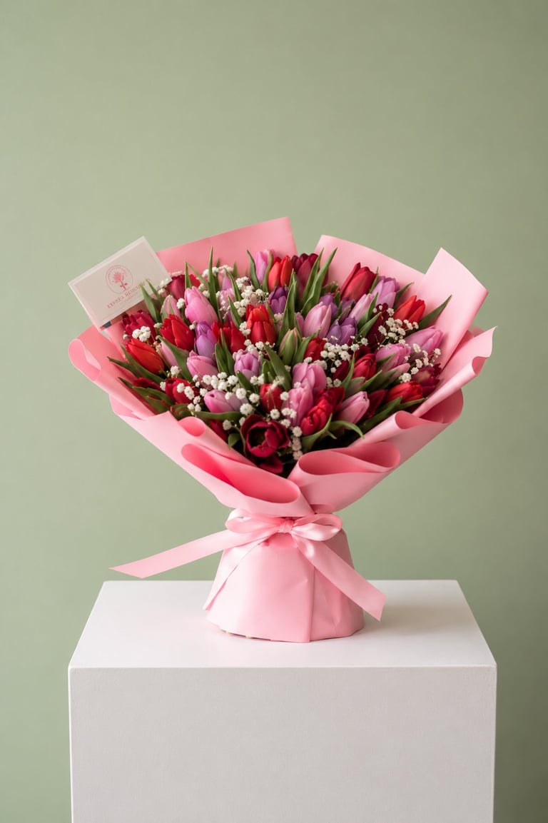 Red, pink, and purple tulips with baby's breath wrapped in pink paper