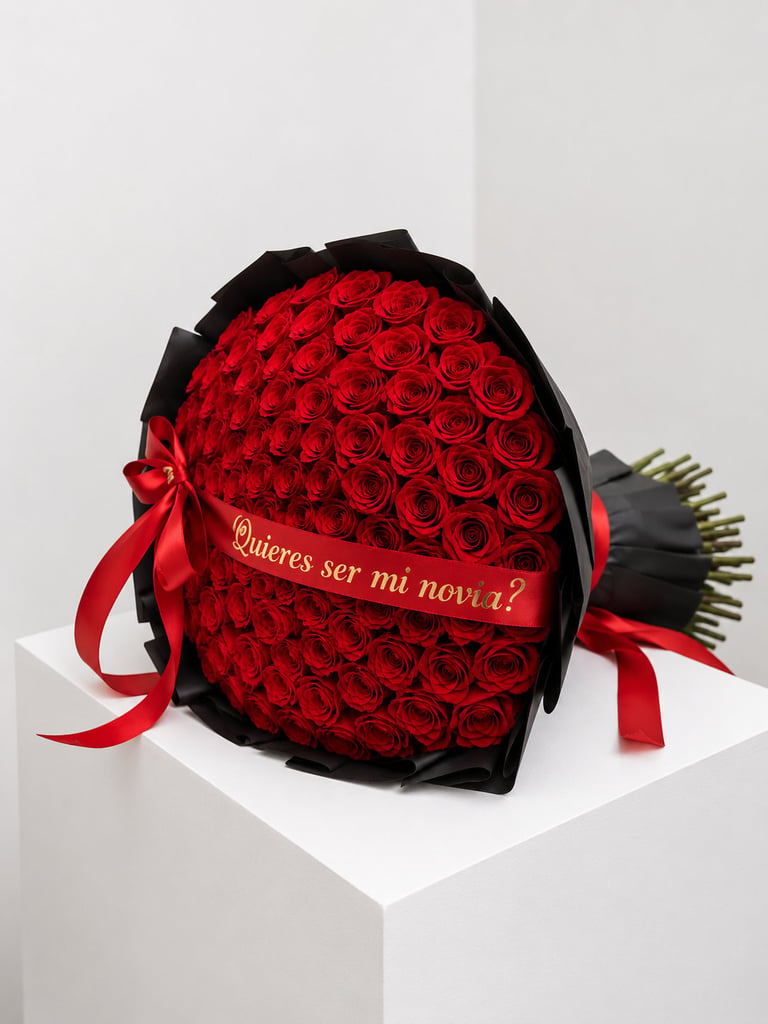 Large spherical bouquet of red roses with black wrapping and red ribbon on white cube pedestal, displaying Spanish text asking a proposal question