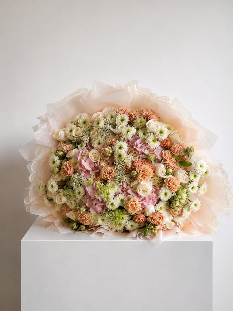 Large pastel flower bouquet with coral, pink, white, and green blooms wrapped in sheer tulle, displayed on a white pedestal