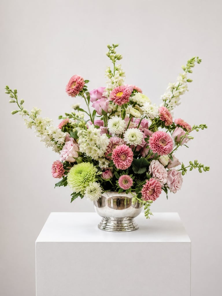 Elegant floral arrangement with pink and white flowers in a silver pedestal vase on a white cube, displayed against a neutral background.