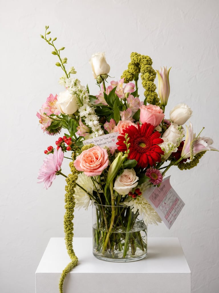 Colorful mixed flower arrangement in glass vase including red gerberas, white tulips, pink roses, and green hypericum berries on white surface.