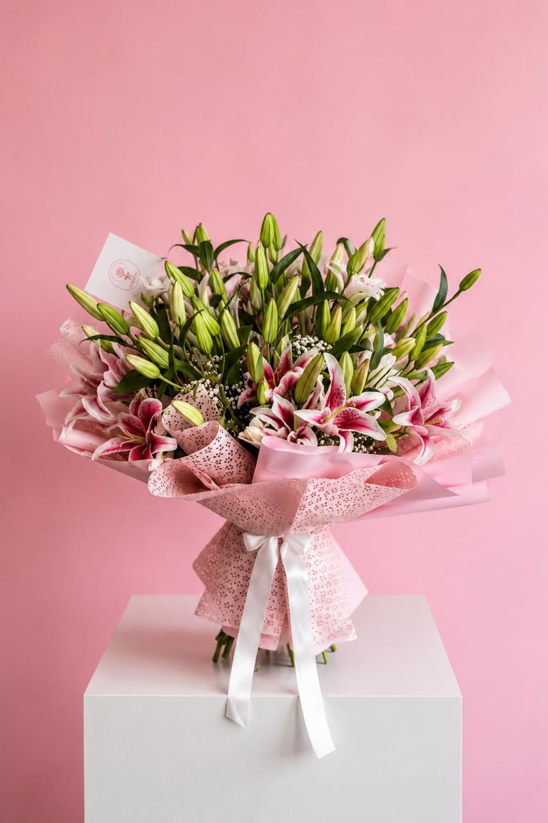 Pink and white lilies wrapped in blush tissue paper with ribbons