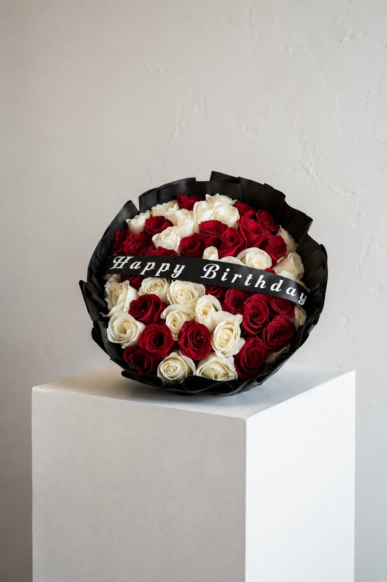Red and white rose bouquet with Happy Birthday ribbon in black wrapper
