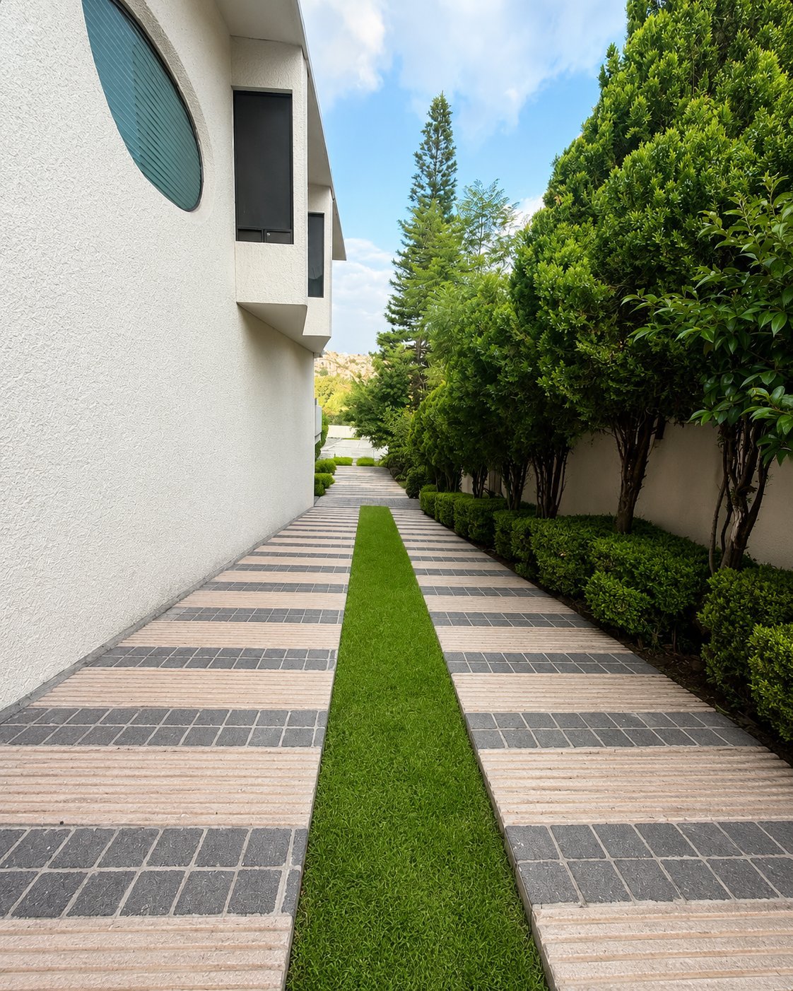 Narrow modern pathway with center grass strip flanked by white walls and green hedges leading to blue sky