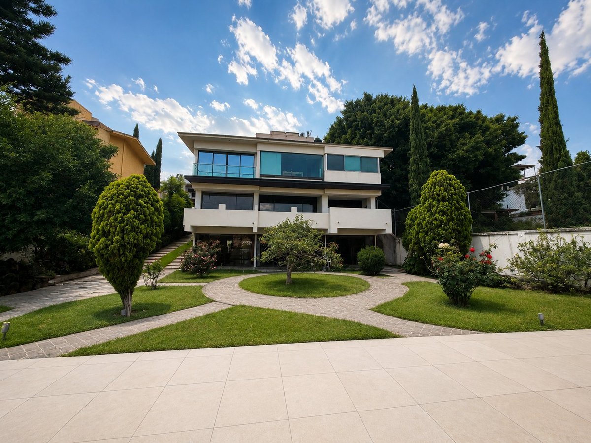 Modern two-story white house with blue accent panels, manicured front lawn with circular garden, and cypress trees under blue sky