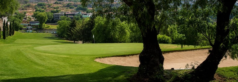 Golf course fairway with manicured green lawn and large trees framing the view, suburban hills in background