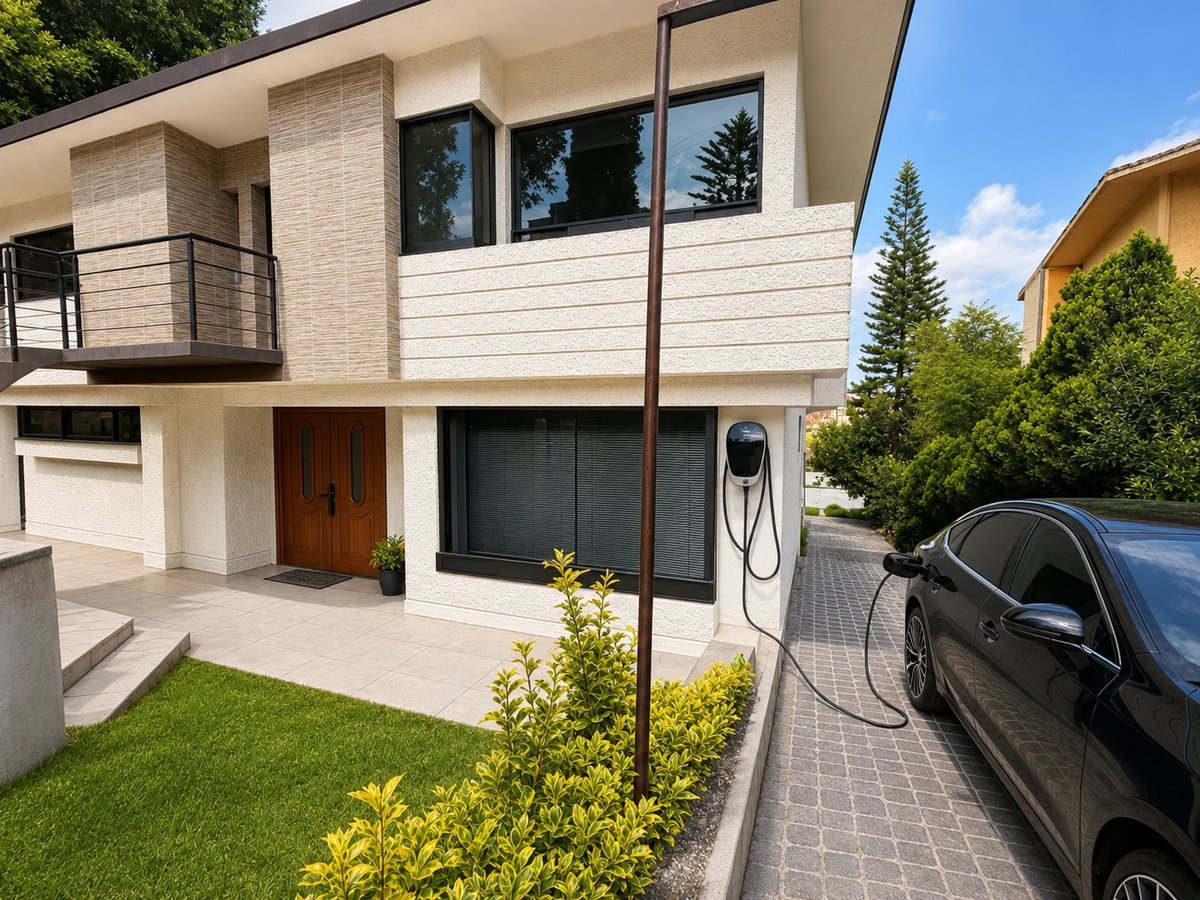 Modern two-story house with white brick facade, black garage door, and parked electric vehicle with charging station