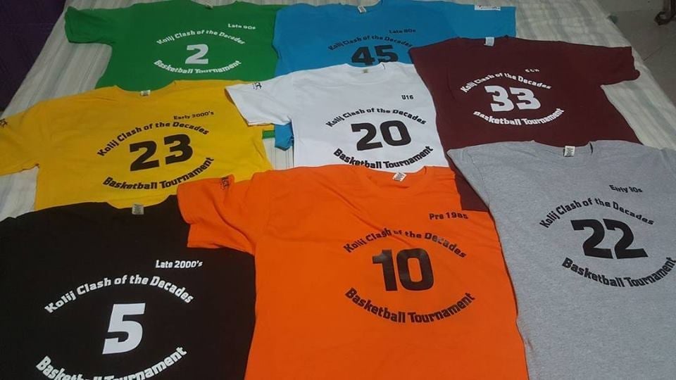 Collection of colorful numbered sports jerseys displaying tournament graphics
