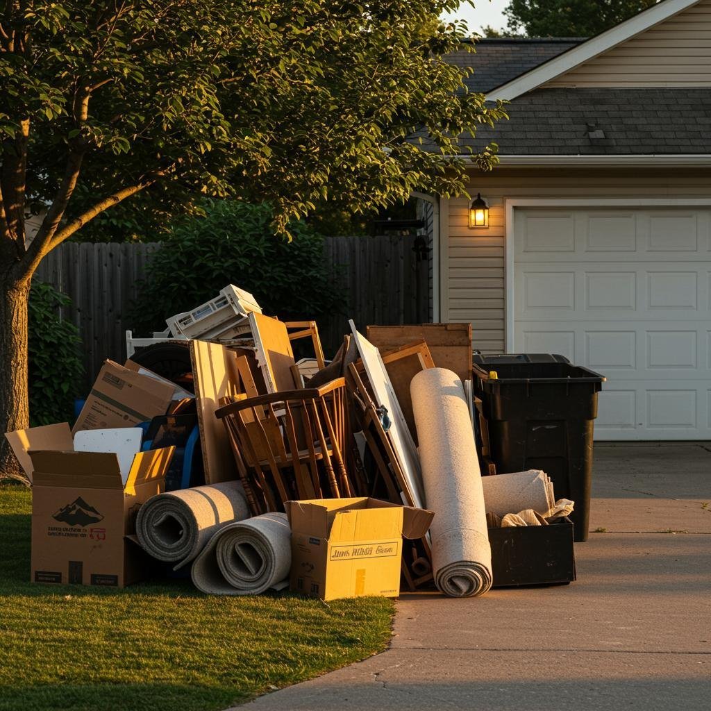 Large pile of junk and furniture stacked on a residential driveway in front of a garage at dusk